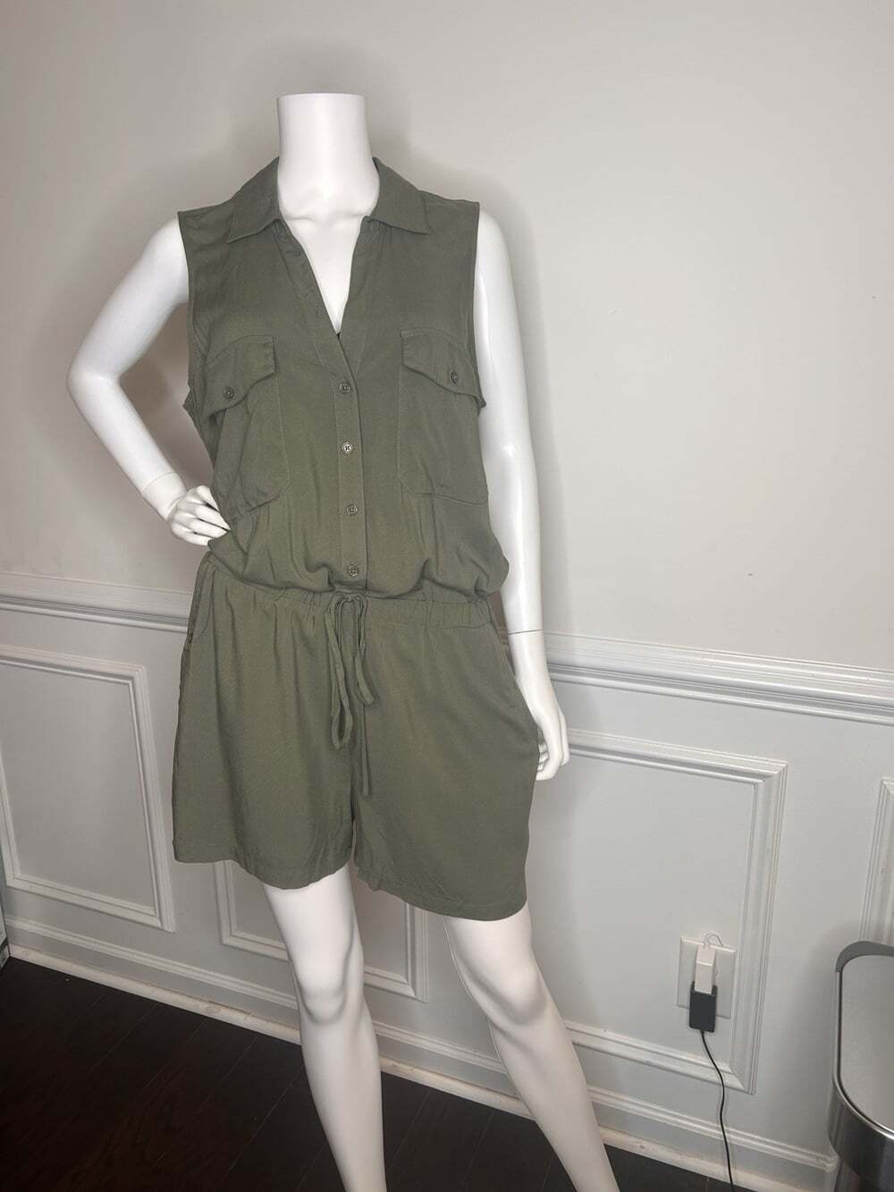 Lascana Sleeveless Drawstring Romper, Olive Green, Sz.12 - Picture 6 of 15
